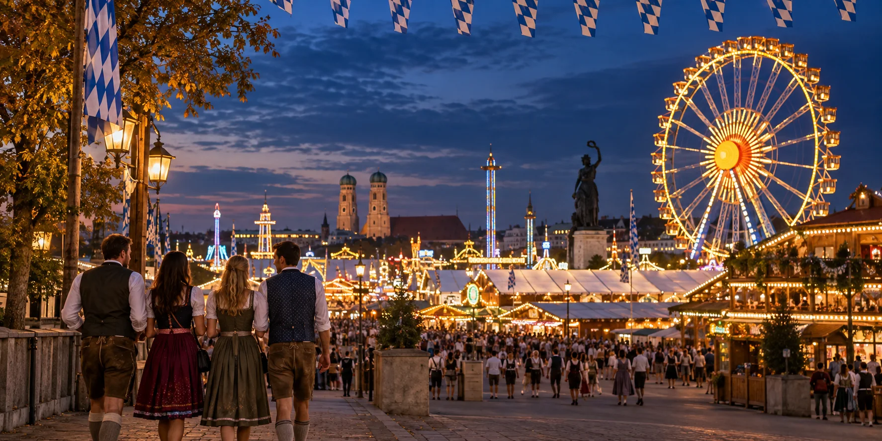 KI-Motiv: beleuchtetes Riesenrad und Festzelte zur Abendstimmung auf der Münchner Wiesn